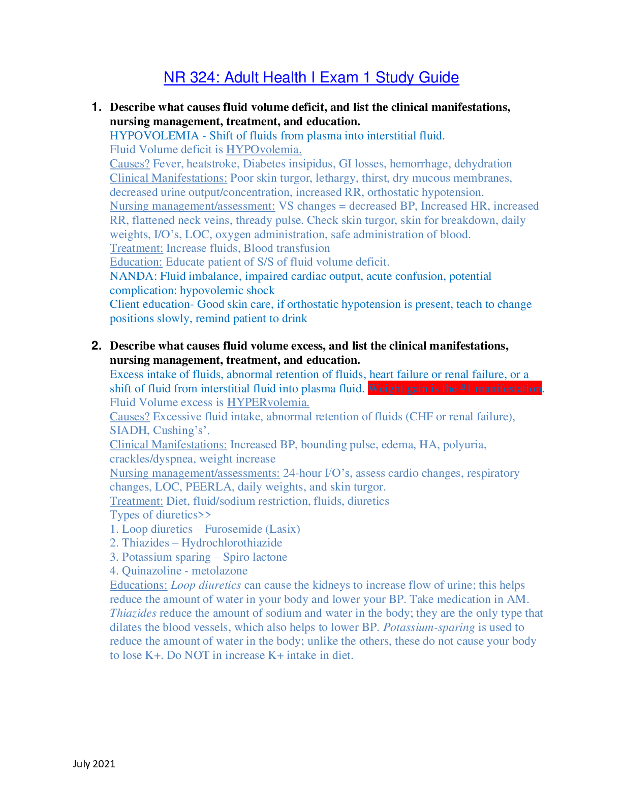 Preview of NR324 / NR 324: Adult Health I Exam 1 Study Guide (Latest 2021 / 2022) Chamberlain College